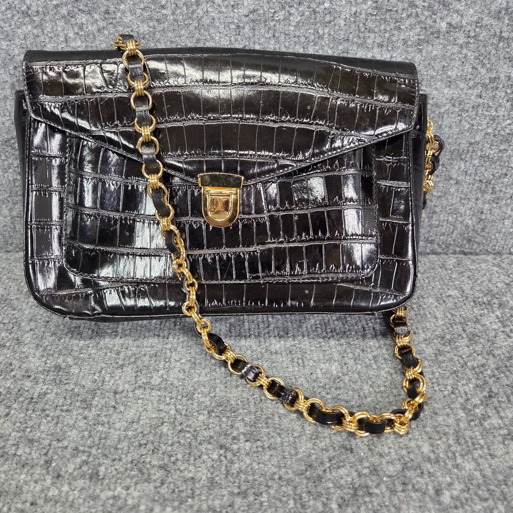 Bloomingdales Black Croc Embossed Leather Bag Shoulder Purse Handbag Gold Chain‎